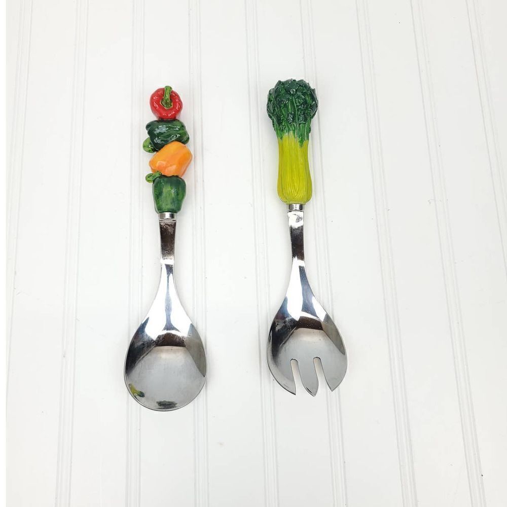 Stainless Steel Salad Servers with Vegetable Handles
